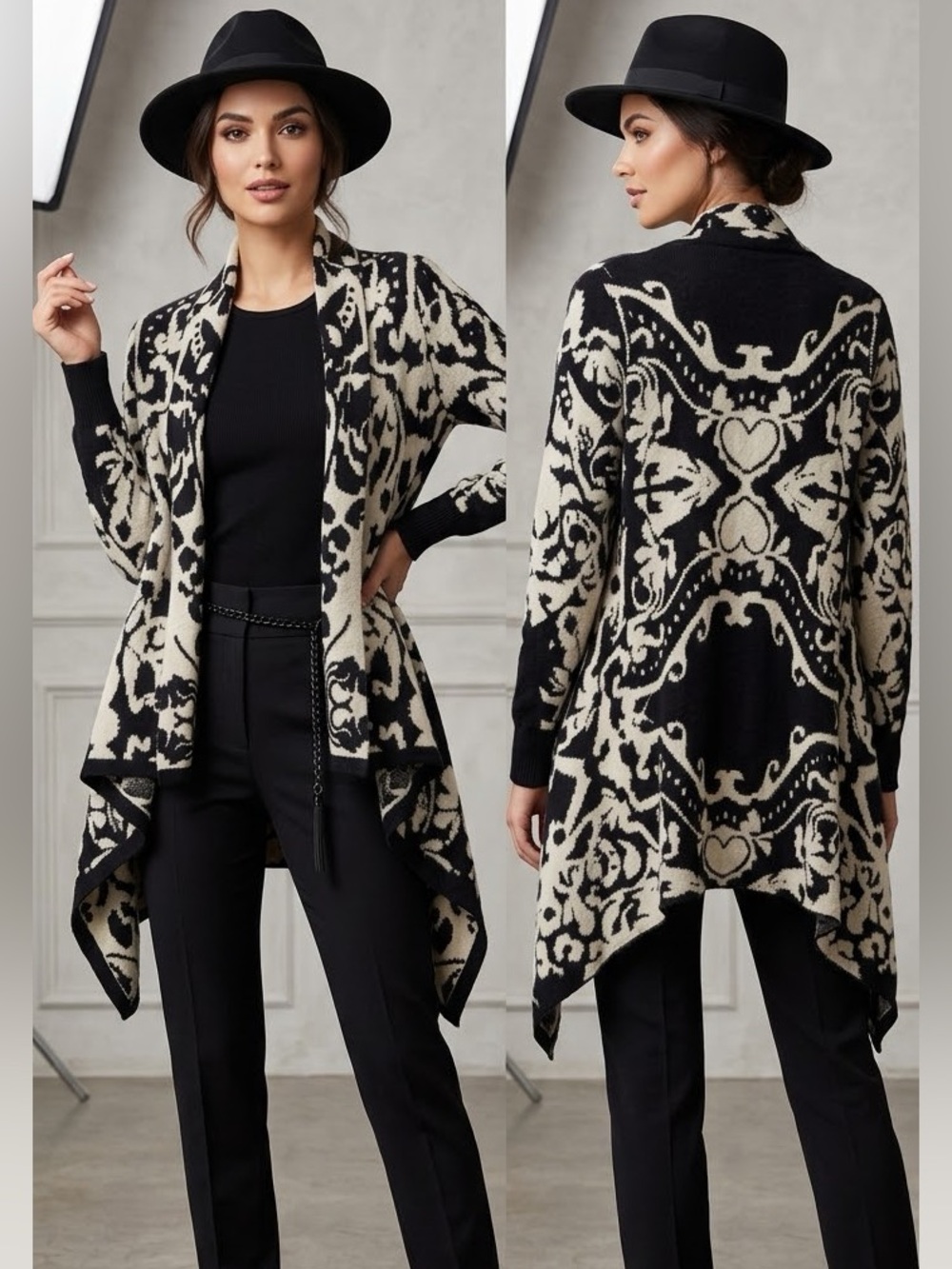 BCBGMAXAZRIA Angora Blend Damask Jacquard Open Waterfall Duster Cardigan S